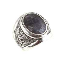 Bague pour homme en argent sterling 925, artisanale, gravée, saphir bleu marine ovale serti clos, certifiée IGI, pour usage quotidien