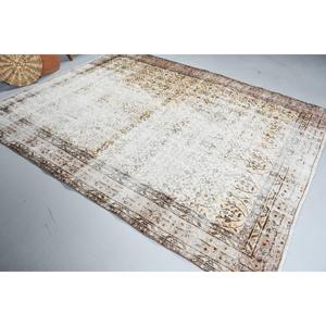 7.3x9.1 ft Vintage Large Rug, White <b>Brown</b> Turkish Camouflage <b>Wool</b> Rug - Product Image 1