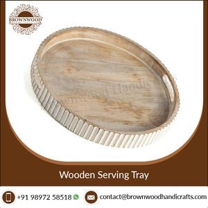 Design personnalisé rond sculpté manguier bois plateau de service/plateau de service alimentaire en bois avec poignée pour hôtel, restaurant fournisseur en vrac - Product Image 3