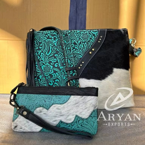 Nuevo bolso de mano de cuero de vaca con estampado en relieve a mano occidental Real, bolso elegante para mujer y pintura a mano, conjunto combinado de cartera de muñeca de cuero genuino - Product Image 1