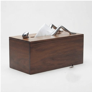 Boîte à mouchoirs en bois d'acacia écologique avec poignée et couvercle en métal pour une utilisation sur le bureau à domicile - Product Image 5