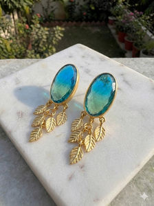 Pendientes Elegantes de Cuarzo Aguamarina con Baño de Oro de 18K, Forma Ovalada, de Lujo - Product Image 4