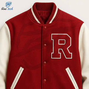 High Quality Canvas Stand Collar Cow Skin Bomber Varsity <b>Jackets</b> Windproof Custom Embroidered Logo Streetwear - Product Image 5