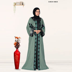 <b>Women</b> Linen Open Front Abaya with Elegant Embroidered Panel Design Plus Size Modest Evening Party Wear - Product Image 5