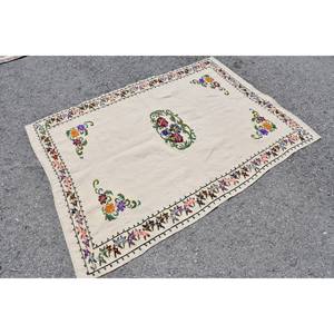 พรมขนสัตว์ตุรกีวินเทจ3.8 x 5.2ft เบจสีดีเย็บปะติดปะต่อกันดีไซน์สำหรับการใช้ชีวิตสี่เหลี่ยมผืนผ้าน้ำยางข้นลายไม้ไผ่ - Product Image 2