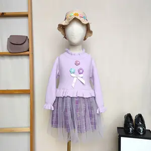 Robe d'été à fleurs violettes Rubans pour enfants de 3 à 7 ans Collection Mode Enfants Mignons Vente en gros Enfants Printemps