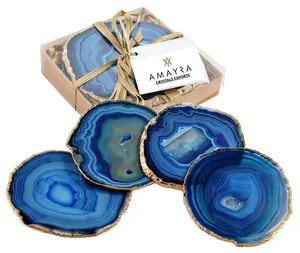 Posavasos de ágata natural, posavasos de geoda de color azul con chapado en oro | Compra online de Amayra Crystals Exports