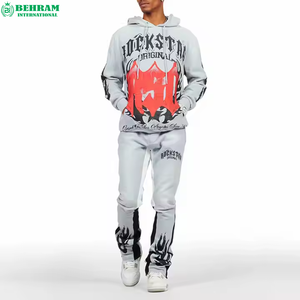 Conjunto Deportivo Unisex Rockstar con Sudadera con Cremallera y Pantalones Deportivos con Estampado de Llamas, Estilo Urbano, Algodón, para Otoño - Product Image 4