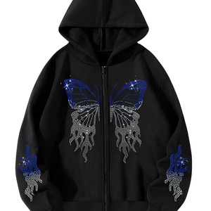 Sudadera con Capucha Negra Unisex con Estampado de Mariposa con Pedrería Azul, Diseño Casual Holgado con Cierre de Cremallera - Product Image 1