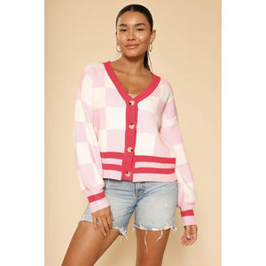 Cardigan en tricot à carreaux décontracté pour femmes avec couleur contrastée pour l'automne/le printemps - Product Image 1