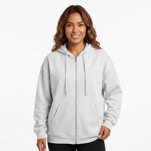 Sudadera con Capucha Unisex Blanca con Cierre, Estilo Oversize, Felpa Francesa, Color Sólido, Casual, Manga Larga, para Otoño - Product Image 6