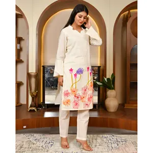 Ensemble Kurta pour femmes musulmanes en coton peint à la main, manches longues, simple, décontracté, respirant, écologique, printemps/été, tailles S-5XL - Product Image 4