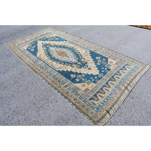 Alfombra Vintage de 5.4x11 pies, Alfombra Turca Grande, Alfombra de Lana a Cuadros Azul y Blanco - Product Image 2