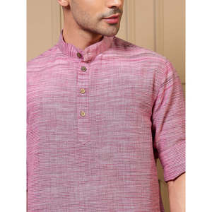 Amanush <b>Men's</b> Pink Textured Plaited Cotton Co-ord Set Full Sleeve Mandrin Collar <b>Kurta</b> With <b>Pajama</b> Casual Summer Wear Outfit - Product Image 2