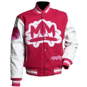 Mens Red Varsity Jacket Wool Body <b>White</b> Sleeves Snap Button Front Ribbed Hem College Style Street Fashion <b>Coat</b> - Product Image 1