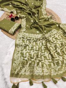 Sari de algodón Chanderi indio suave de primera calidad para mujer con Pallu de diseño Jamdani, hermoso borde en contraste y estampado Butti tejido. - Product Image 5