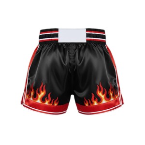 Shorts de Muay Thai MMA en satin noir en gros, broderie bleue feu et éclair, unisexe - Product Image 5
