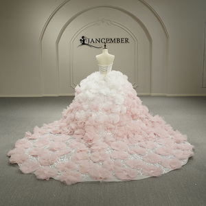 Jancember GT26065 Vestido de Novia Romántico con Cuello <span class=keywords><strong>Barco</strong></span> y Falda Abullonada con Flores Rosadas en 3D - Product Image 4