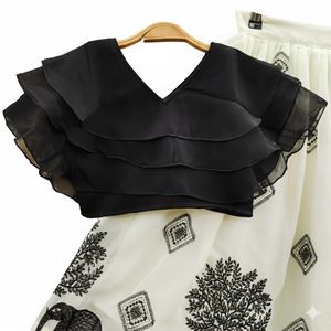 ชุดเลเฮนกาโชลีสำหรับเด็กผู้หญิง ผ้าจอร์เจตต์ แบรนด์โชรยัม แฟชั่น  พร้อมเสื้อแขนระบายสีดำ  ลายปักช้างและต้นไม้  ชุดสำหรับงานปาร์ตี้  ยาวคลุมเท้า - Product Image 2