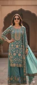 Salwar Kameez en Chinon pour femmes de la boutique indienne Nx avec broderie de sequins, vêtement décontracté à séchage rapide pour les fêtes et les mariages - Product Image 4