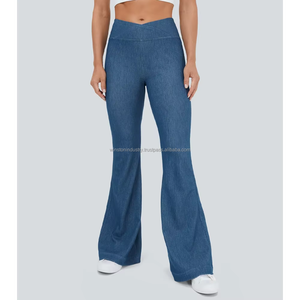 Jean évasé classique en denim bleu pour femme, taille haute, coupe slim, coupe cloche - Product Image 3