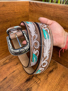 Cinturones florales pintados a mano y mecanizados a mano, cinturones unisex de cuero auténtico hechos a mano, novedad - Product Image 3