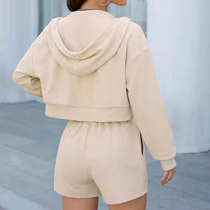 Custom Winter Solid Women's Jogging Suit <b>Jogger</b> Suits Waffle Short <b>Zip</b> up Hoodies Crop Top Sexy 2 Piece Set Shorts - Product Image 5