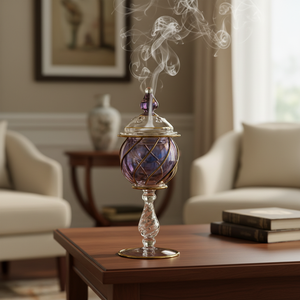 เตาเผากำยานแก้วศิลปะพื้นบ้านอียิปต์ LW68 พรีเมียม ขนาด 20 ซม. ทนความร้อน ลายตารางสีทอง เป่าด้วยมือ สำหรับบัคฮูร์และอูด - Product Image 1