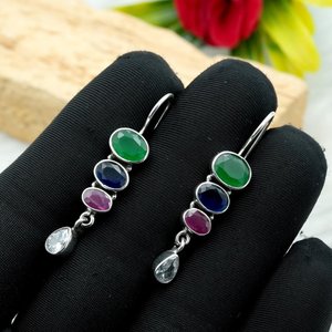 925 Silver Fine <b>Stud</b> <b>Earrings</b> with Natural Gemstones Multi-Color <b>Emerald</b> Ruby Sapphire Wedding <b>Earrings</b> - Product Image 4