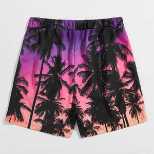 Pantalones cortos informales de playa de verano para hombre con cordón en la cintura elástica de secado rápido con estampado de palmera y puesta de sol morada - Product Image 3