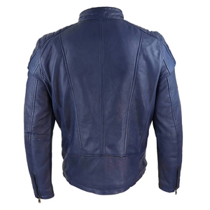 Chaqueta de Motociclista de Cuero Sintético Azul para Hombre, Cuello Alto, Cierre de Cremallera, Corte Regular, Color Sólido, Estilo Biker, para Otoño - Product Image 4