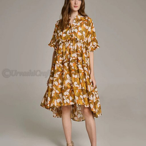 Élégant vintage vêtements pour femmes dernière conception col en v robe MIDI manches 3/4 bouton bande sur la poitrine ceinture - Product Image 1