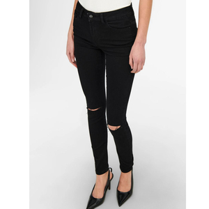 Stylish & Casual Black Cotton Boyfriend Skinny Jeans for Women Stretch Denim Pants with Ripped Look and Logo Waist Print - Product Image 6