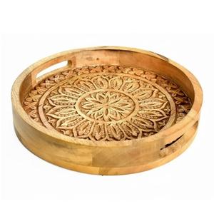 Plateau de service carré en bois de manguier fait à la main avec motif tribal imprimé et poignées découpées, plat en bois décoratif pour la décoration de la maison - Product Image 4