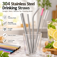 Lot de pailles réutilisables en acier inoxydable 304, droites et courbées, avec brosse, pour jus, café, lait, thé, gobelets