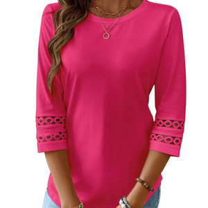 Chemise décontractée pour femme à manches trois quarts, col rond, coupe régulière, avec détails en dentelle, coupe ajustée, élégante pour le printemps, mode quotidienne - Product Image 3