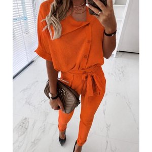 Women's Short Sleeve Collared Front Buttoned Crinkle Blouse and <b>Trousers</b> Two-Piece Set, 34914 - Orange - Product Image 2