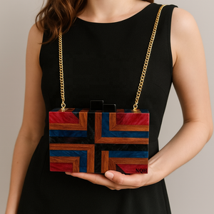 Pochette de soirée de luxe faite à la main en bois et résine, durable et écologique, avec incrustation géométrique, sac à bandoulière avec chaîne, logo personnalisé - Product Image 1