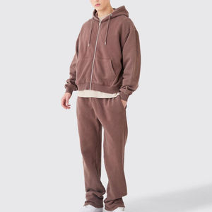 100% algodón lavado ácido francés Terry chándal pantalones de chándal apilados y hombro caído cremallera Sudadera con capucha conjunto ropa de hombre - Product Image 1