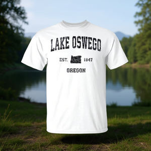 T-shirt con stampa sportiva vintage Lake Oswego Oregon Est 1847 - Product Image 3