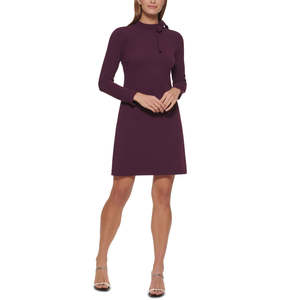 Abito da sera Calvin Klein da donna in scuba crepe elasticizzato a maniche lunghe con collo a lupetto, cerniera, dettagli a pieghe e fiocco annodabile, modello corto aderente - Product Image 1