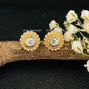 14K Or Massif Naturel Diamant Lunette Ensemble Fleur Stud pour Nez Oreille Piercing Fine Jewelry. - Product Image 5