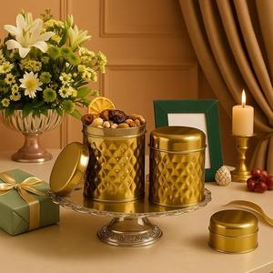 Juego de Recipientes de Almacenamiento de Metal con Relieve de Diamantes Dorados, Recipientes Cilíndricos Modernos y Lujosos para Frutos Secos - Product Image 1