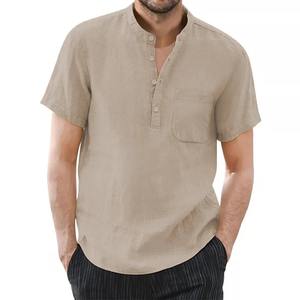 Camiseta de manga corta de verano transpirable acogedora para hombre 100% algodón y lino Color sólido Ropa informal para hombre - Product Image 6