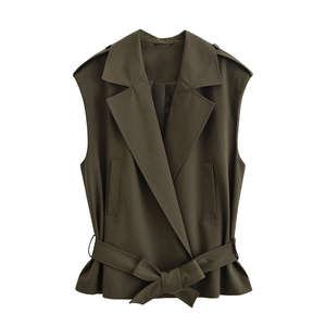 Débardeur décontracté pour femme, style rétro, en polyester tissé, avec ceinture, col en V, sans manches, logo sur le devant - Product Image 1