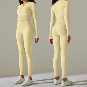 Women's Quick Dry Ribbed Seamless Yoga Gym Wear Sexy Two-Piece Fitness <b>Leggings</b> and Bra Set Solid <b>Pattern</b> - Product Image 1