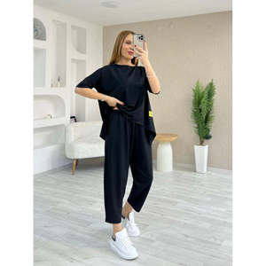 Conjunto de Dos Piezas para Mujer, Blusa de Manga Corta con Cuello Redondo de Viscosa de Dos Hilos y Pantalones, 34663 - Negro - Product Image 1