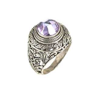 Bague vintage pour homme en argent sterling 925 avec améthyste ronde, plaquée rhodium pour un usage quotidien, technique d'incrustation - Product Image 1