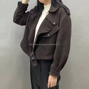 แจ็กเก็ตหนังนิ่มผู้หญิง, หนังนิ่มสีน้ำตาลโอเวอร์ไซส์ปกคอตั้งทรงหลวมแนวสตรีทฤดูใบไม้ผลิ - Product Image 3