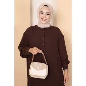 Ensemble deux pièces hijab long semi-boutonné marron café, imprimé floral décontracté en crêpe et tricot pour femmes musulmanes en automne - Product Image 4